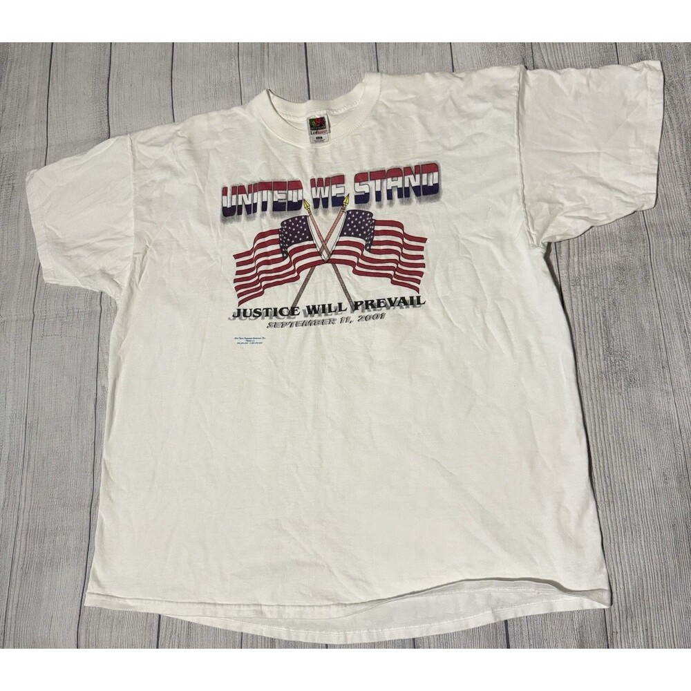Vintage Y2K 9/11 Graphic T Shirt United We Stand Justice Prevail Size 3XL Defect